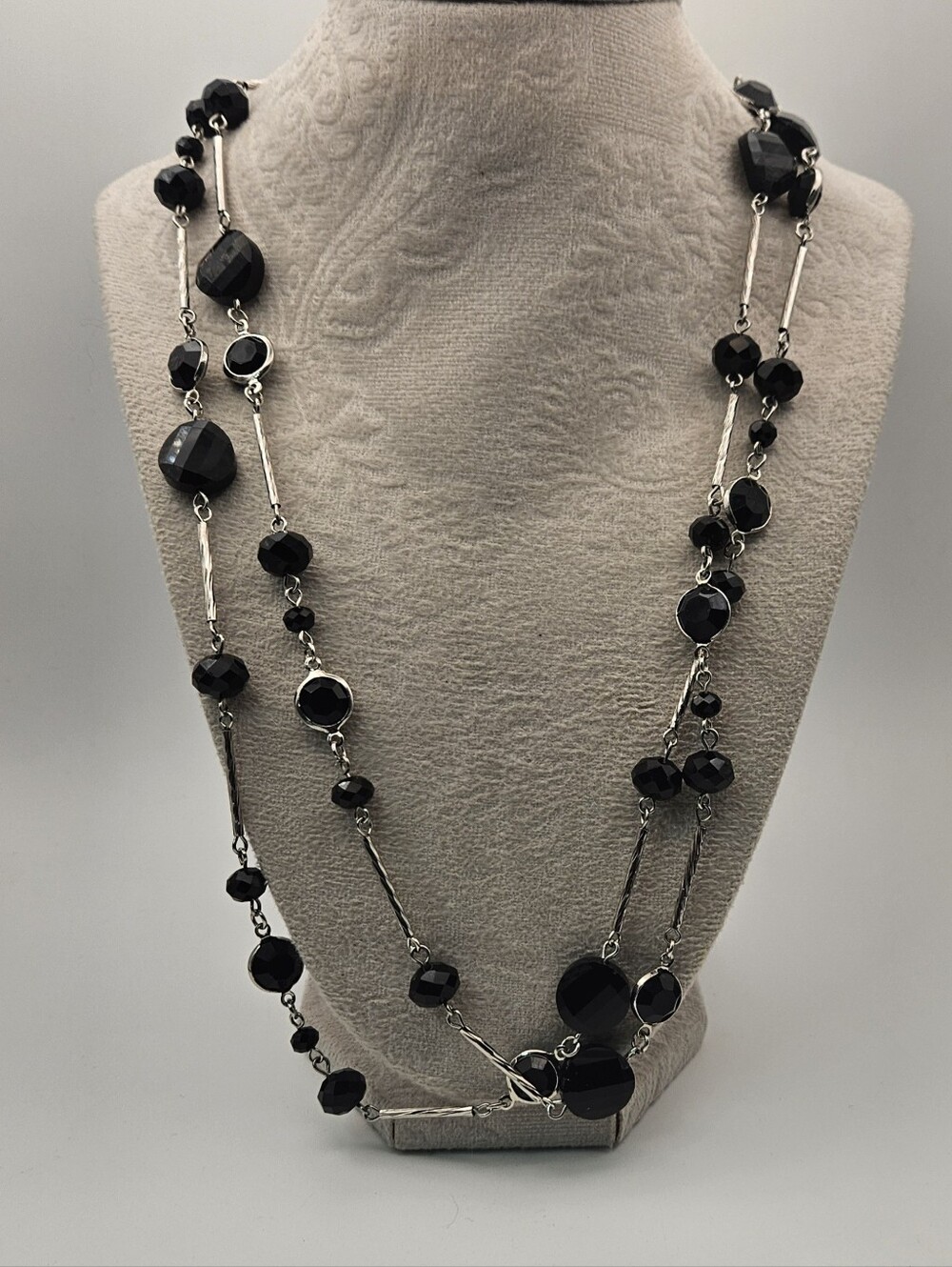 Charming Charlie Black Faceted Bead Silver Tone Long Station Necklace 24" Opera